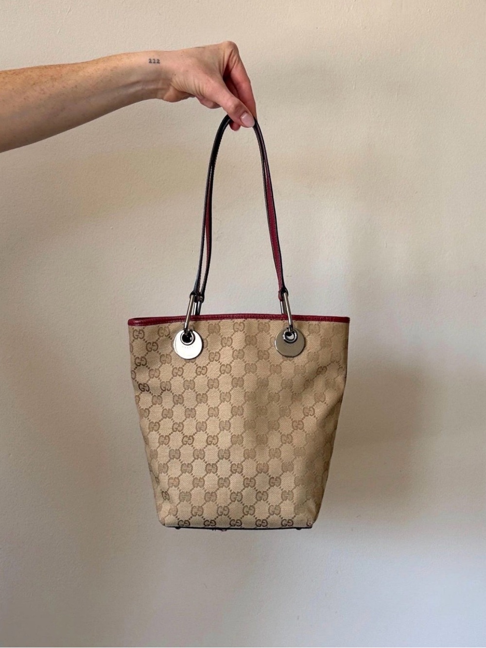Gucci GG Monogram Small Tote Bag Small Brown + Maroon Silver Hardware